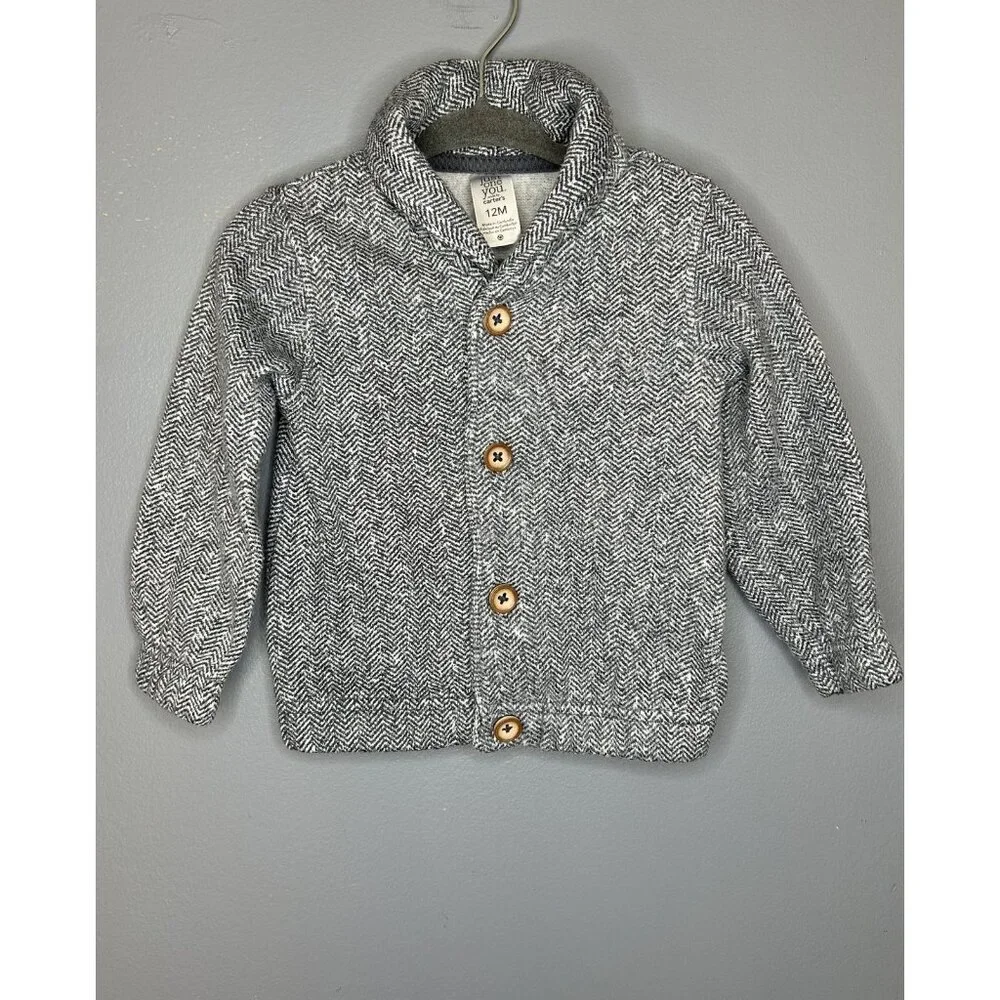 Carters Cardigan Sweater Baby 12M Gray Herringbone Button Jacket Boys Old Money‎